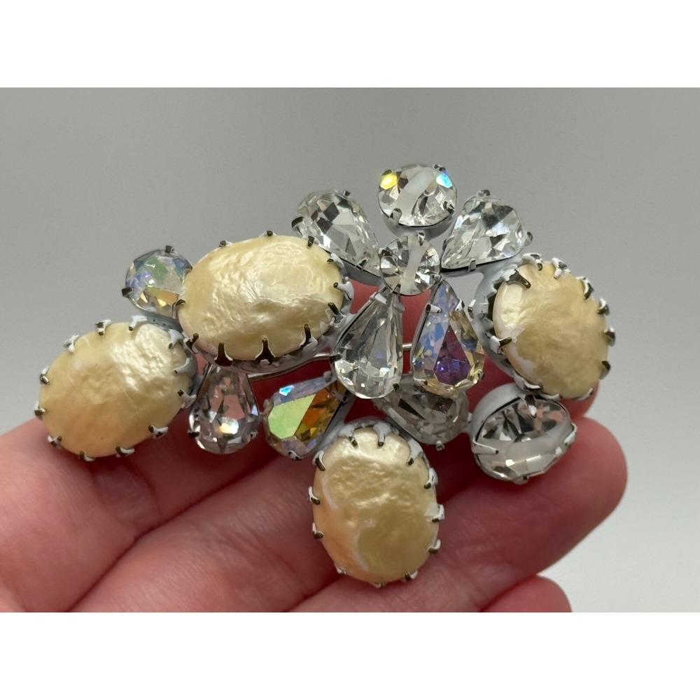 Vintage Regency Jewels Signed White Enamel Givre AB Rhinestone Faux Pearl Brooch